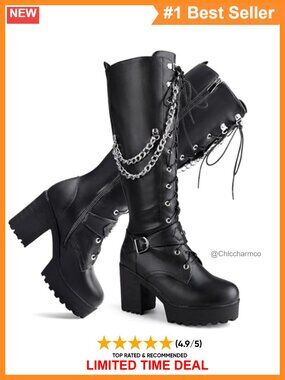Womens Faux Leather Knee High Platform Boots Lace Up Combat